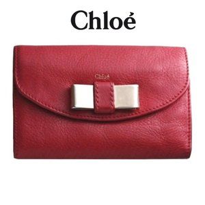 Chloe Ribbon Genuine Leather Trifold Wallet Red